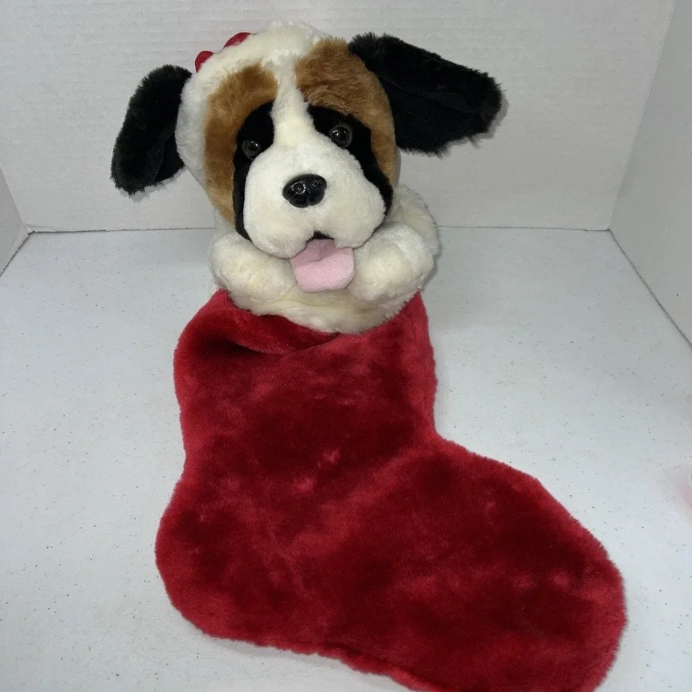 Vtg Saint Bernard Plush 3D Puppy Dog Christmas Mantle Hanging Stocking 20